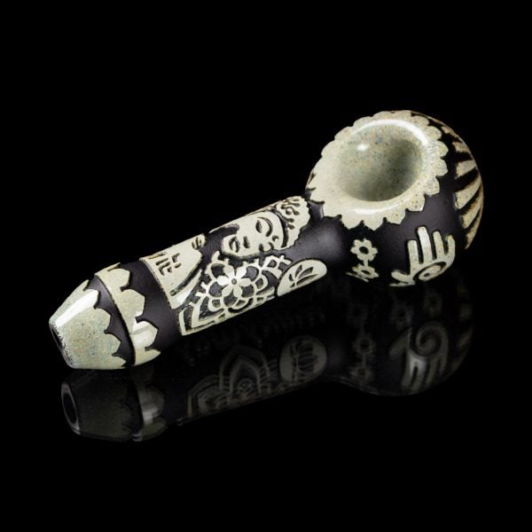 Buddha in Color Black and Silver Frit Hand Pipe